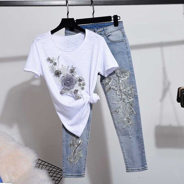 summer fashion sequins embroidery flowers t shirt frayed denim pants two piece set women loose white t shirt jeans suit female
summer fashion sequins embroidery flowers t shirt frayed denim pants two piece set women loose white t shirt jeans suit female