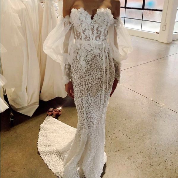 major flowers mermaid wedding dresses off the shoulder plus size bridal dresses vestido de novia illusion full sleeves wedding gowns, White
major flowers mermaid wedding dresses off the shoulder plus size bridal dresses vestido de novia illusion full sleeves wedding gowns, White