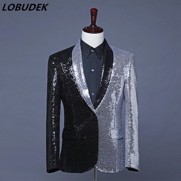 silvery black sequins splicing shawl collar suit jackets asymmetric tuxedo blazer evening performance prom singer host costume, White;black
silvery black sequins splicing shawl collar suit jackets asymmetric tuxedo blazer evening performance prom singer host costume, White;black