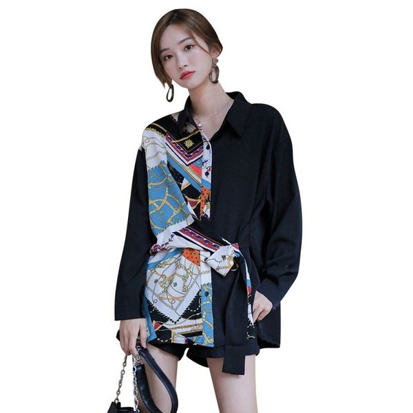 spring and autumn women's lapel long sleeve single-breasted printed shirt black loose fashion casual slimming personalized shirt, White
spring and autumn women's lapel long sleeve single-breasted printed shirt black loose fashion casual slimming personalized shirt, White
