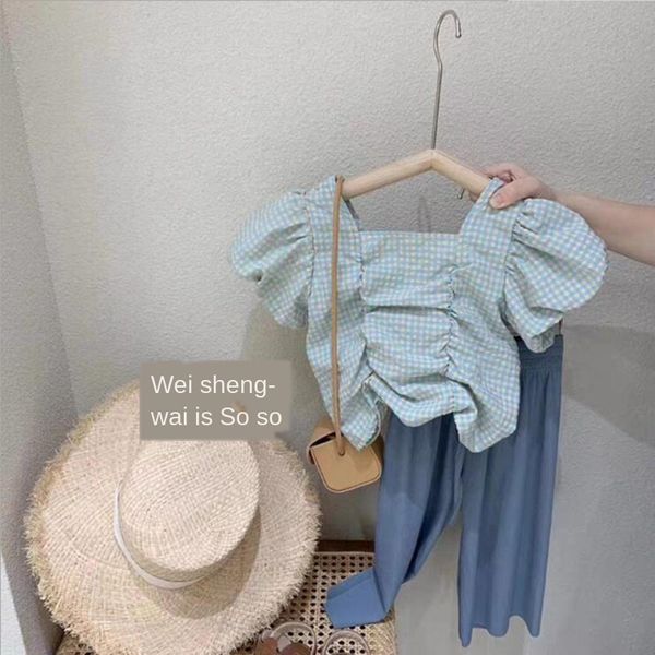 i7jwp 2020 korean children's clothing shirt baby girl western style bubble sleeve pleated western style shirt short sleeve plaid chi, White;black