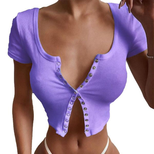 women short sleeve solid color crop summer round neck buttons for ladies, White
women short sleeve solid color crop summer round neck buttons for ladies, White