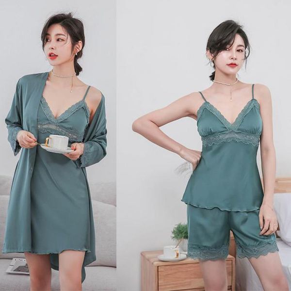 summer women 4pcs robe set satin kimono gown lace nightwear intimate lingerie female casual sleep set home clothing, Black;red
summer women 4pcs robe set satin kimono gown lace nightwear intimate lingerie female casual sleep set home clothing, Black;red