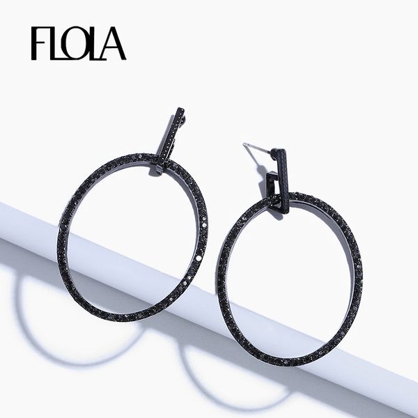 flola crystal black hoop earrings for woman rhinestone hoop earrings round gothic black jewelry big charm cz earing ersp03, Golden