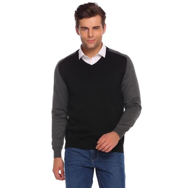 men v-neck long sleeve contrast color casual thin regular knit casual, work patchwork pullover sweater, White;black
men v-neck long sleeve contrast color casual thin regular knit casual, work patchwork pullover sweater, White;black