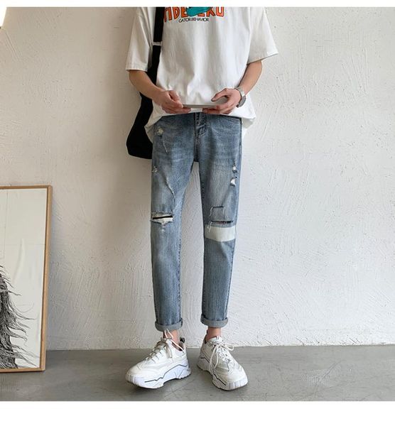 2020 men's slim stretch jeans men korean style trendy holes feet denim trousers trendy men's nine pants cowboy trousers, Blue
2020 men's slim stretch jeans men korean style trendy holes feet denim trousers trendy men's nine pants cowboy trousers, Blue