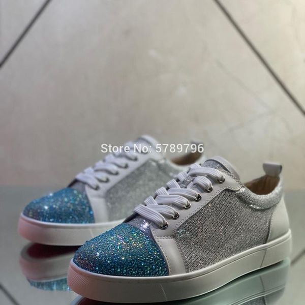 low cut red bottom silver glitter leather sports shoes for men casual flat loafers shape rivets crystal toecap runway sneakers, Black
low cut red bottom silver glitter leather sports shoes for men casual flat loafers shape rivets crystal toecap runway sneakers, Black