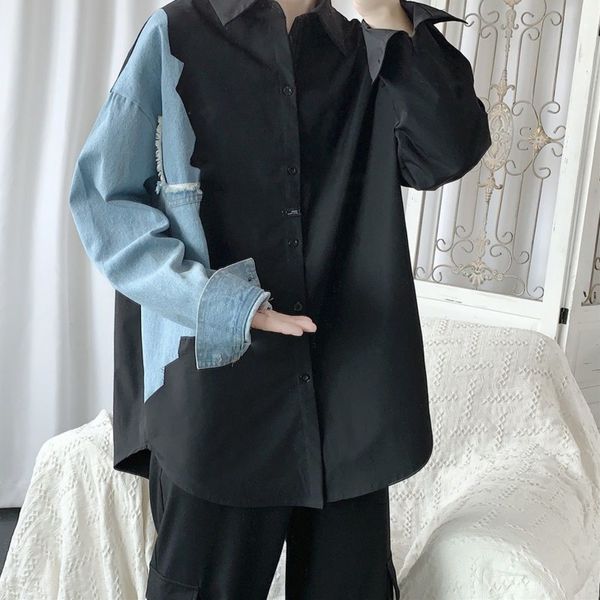 men's casual shirts shirt 2021 autumn slim solid color jeans stitching long sleeve loose lapel personality youth wear, White;black
men's casual shirts shirt 2021 autumn slim solid color jeans stitching long sleeve loose lapel personality youth wear, White;black