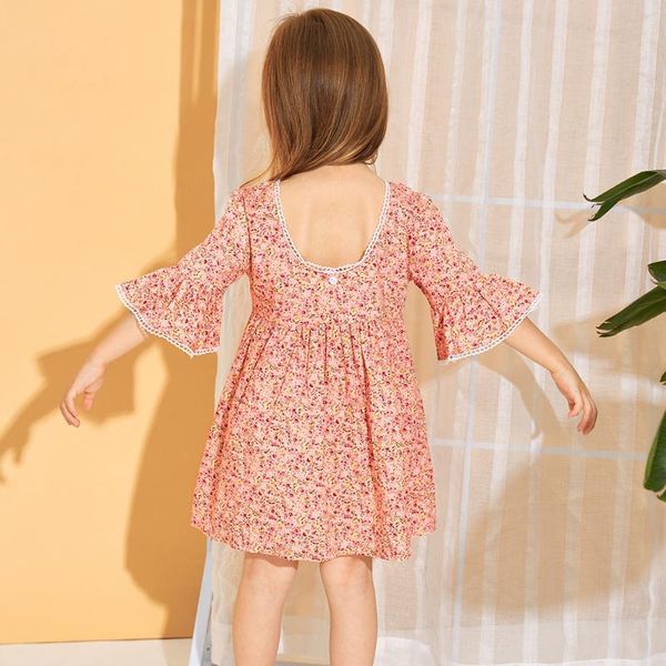Princess Dress Girl Floral Print Vestidos Cotton Lace Open Back Buttons Short Dress Flare Sleeve 2 To 8 Yrs Korean Kids L9224