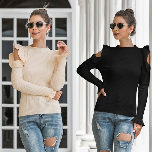 women strapless ruffle sweater long sleeve o-neck slim fit sweater famale autumn clothes, White;black
women strapless ruffle sweater long sleeve o-neck slim fit sweater famale autumn clothes, White;black