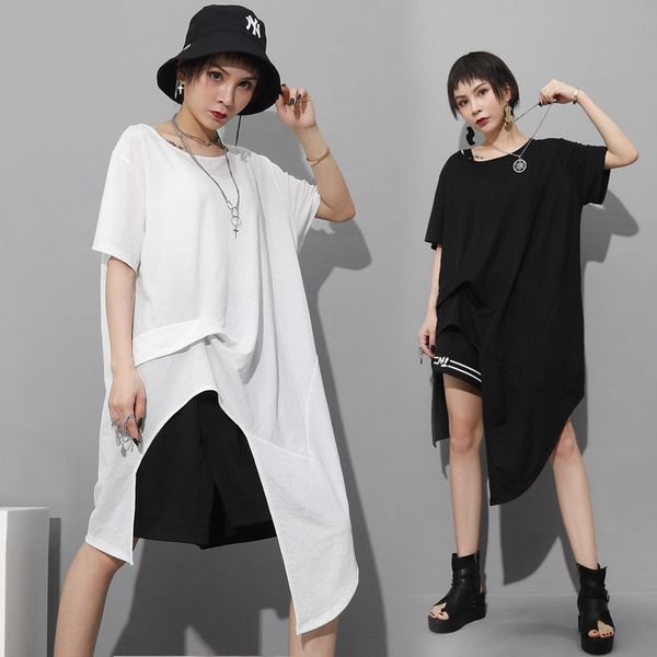 european and american women's summer dress new round neck solid color t-shirt personality irregular t-shirt skirt tide, White 
european and american women's summer dress new round neck solid color t-shirt personality irregular t-shirt skirt tide, White