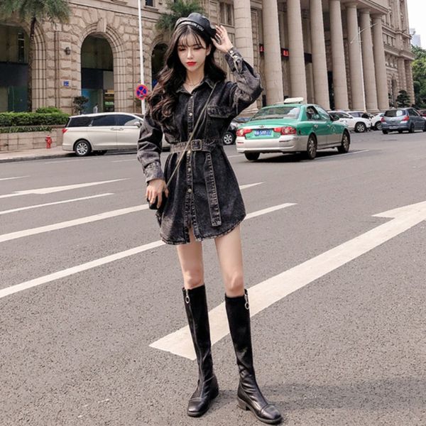 2020 autumn korean-style elegant lapel single-breasted lace-up slim waist slimming hip denim dress for women, White;black
2020 autumn korean-style elegant lapel single-breasted lace-up slim waist slimming hip denim dress for women, White;black