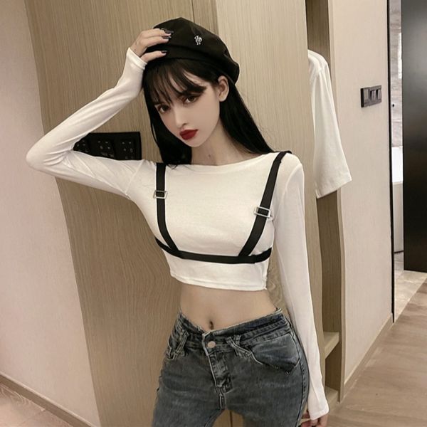 hong kong-style chic fashion cool fake two-piece strap tight navel short solid color all-match long-sleeved t-shirt womens shirt, White
hong kong-style chic fashion cool fake two-piece strap tight navel short solid color all-match long-sleeved t-shirt womens shirt, White