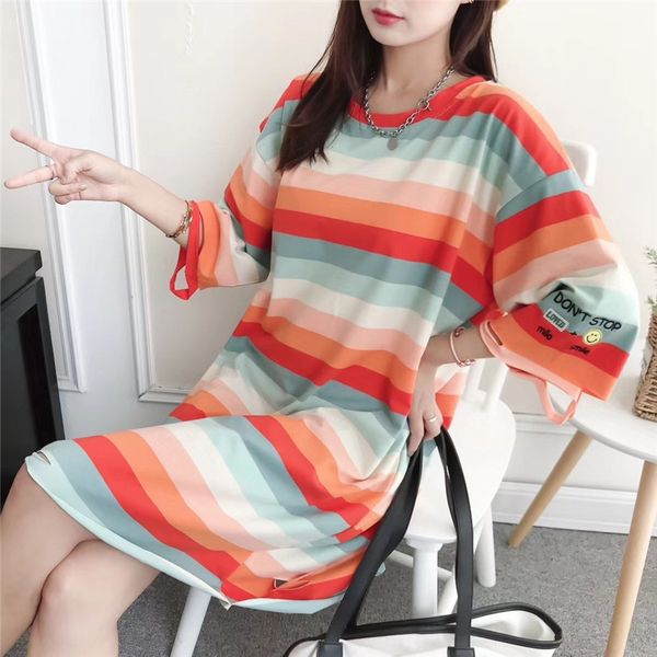 ah5i8 bc3764 rainbow striped stitching t-shirt contrast color mid-length t-shirt dress korean style large size summer new short sleeve dress, White
ah5i8 bc3764 rainbow striped stitching t-shirt contrast color mid-length t-shirt dress korean style large size summer new short sleeve dress, White