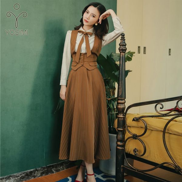 two piece dress yosimi 2021 autumn winter plaid full sleeve shirt and striped vest skirt women 3 outfits long bandage bow, White
two piece dress yosimi 2021 autumn winter plaid full sleeve shirt and striped vest skirt women 3 outfits long bandage bow, White