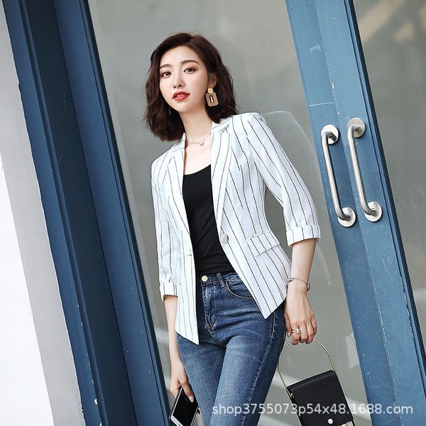 2019 new cropped sleeve striped small suit women's thin breathable small coat slim multi-color work clothes coat work clothes clothes, White;black
2019 new cropped sleeve striped small suit women's thin breathable small coat slim multi-color work clothes coat work clothes clothes, White;black