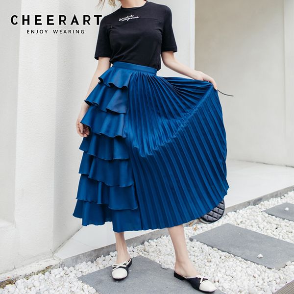 cheerart ruffle pleated skirt womens blue midi long skirt women high waist a line 2020 designer fashion clothes, Black