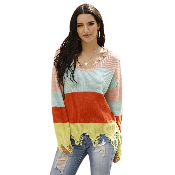 2020 fall/winter new tattered sweater women lazy v-neck stripe stitching contrast color tattered sweater, White;black
2020 fall/winter new tattered sweater women lazy v-neck stripe stitching contrast color tattered sweater, White;black