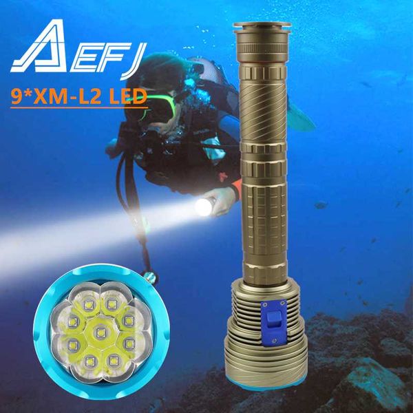 9*xm-l2 Led Diving 7000lm Powerful Professional Scuba Diver Diving Lamp Underwater Torch 18650 26650 Usb Charger