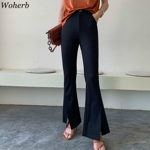 woherb korean chic women elegant wide leg pants 2020 new summer high waist office flat slit flare trousers long trousers, Black;white
woherb korean chic women elegant wide leg pants 2020 new summer high waist office flat slit flare trousers long trousers, Black;white