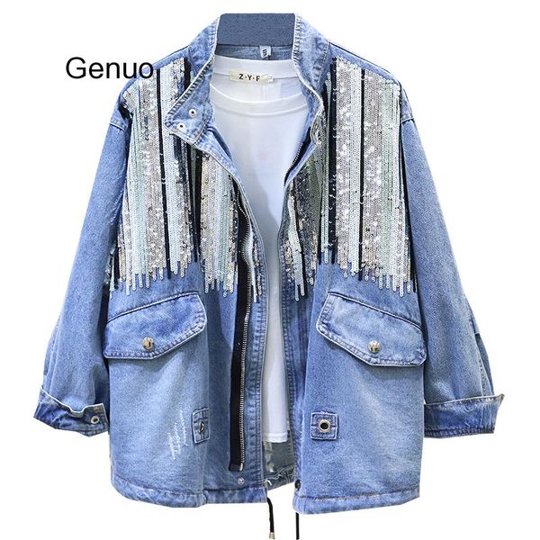 блестки кисточкой джинсовая куртка 2020 spring new long sleeve plus размер женщины trend coat корея сыпучие вскользь верхняя одежда пальто, Black;brown 
блестки кисточкой джинсовая куртка 2020 spring new long sleeve plus размер женщины trend coat корея сыпучие вскользь верхняя одежда пальто, Black;brown