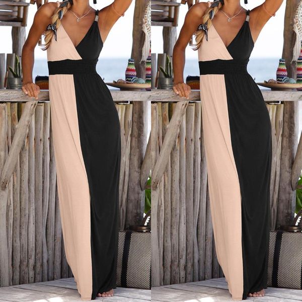 summer women's cross v-neck sling sleeveless dress stitching and nude long dress, Black;gray
summer women's cross v-neck sling sleeveless dress stitching and nude long dress, Black;gray