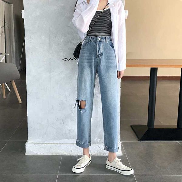 women's jeans high-waisted with holes slimming dad pants loose straight capri, Blue
women's jeans high-waisted with holes slimming dad pants loose straight capri, Blue