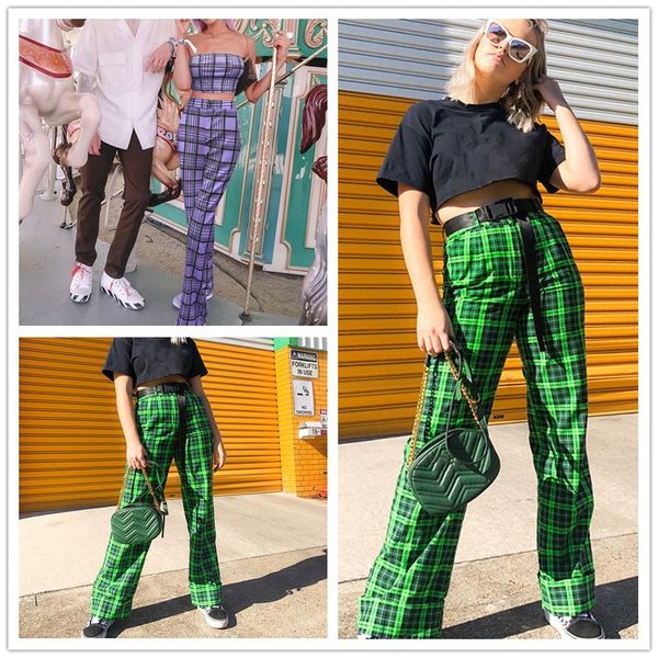 plaid printed slim straight crop & casual pants set, Black;white