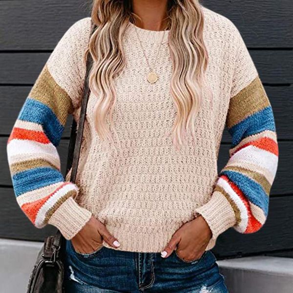 rainbow striped stitching loose women's pullover casual drop shoulder sleeve knitted sweater street winter fashion sweater, White;black
rainbow striped stitching loose women's pullover casual drop shoulder sleeve knitted sweater street winter fashion sweater, White;black