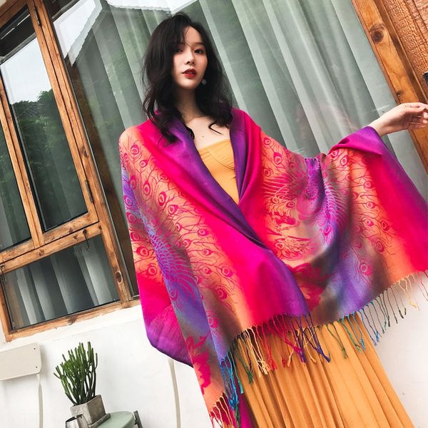color gradient peacock lady national bohemian scarf lijiang ethnic style shawl korean jacquard scarf, Blue;gray
color gradient peacock lady national bohemian scarf lijiang ethnic style shawl korean jacquard scarf, Blue;gray