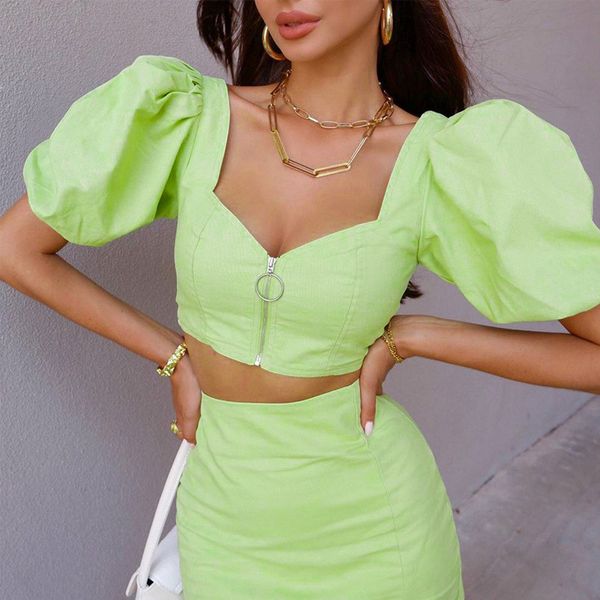 french womens two piece sets fashion natural color two piece dress designer puff sleeve crop split dress women clothes, White
french womens two piece sets fashion natural color two piece dress designer puff sleeve crop split dress women clothes, White