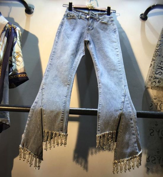 european jeans lady spring/summer new rhinestone tassel-studded beads high waist slim denim pants womens stretch flare trousers, Blue
european jeans lady spring/summer new rhinestone tassel-studded beads high waist slim denim pants womens stretch flare trousers, Blue