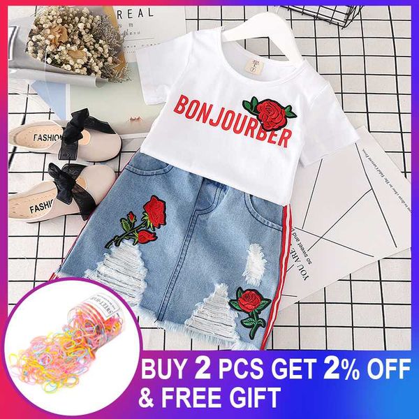 girls clothing set 2020 summer red rose letter embroidery t-shirt+denim ripped skirt toddler girl 2pcs children clothe sets 2-6y, White
girls clothing set 2020 summer red rose letter embroidery t-shirt+denim ripped skirt toddler girl 2pcs children clothe sets 2-6y, White