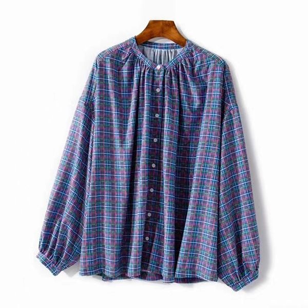o-neck women's blouse plaid long sleeve o-neck single breasted vintage female loose shirts, White
o-neck women's blouse plaid long sleeve o-neck single breasted vintage female loose shirts, White