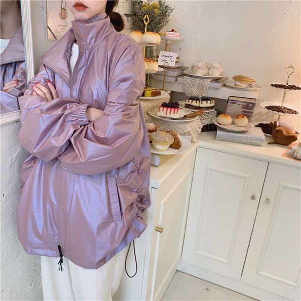 oversized women autumn reflective material long sleeve shiny jacket coat stand collar zipper drawstring outwear with pockets, Black;brown
oversized women autumn reflective material long sleeve shiny jacket coat stand collar zipper drawstring outwear with pockets, Black;brown