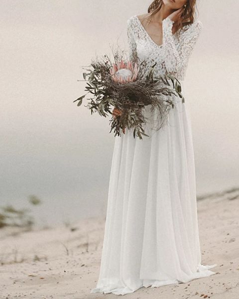 a-line wedding dresses v neck sweep / brush train chiffon long sleeve beach backless illusion sleeve with lace insert, White
a-line wedding dresses v neck sweep / brush train chiffon long sleeve beach backless illusion sleeve with lace insert, White