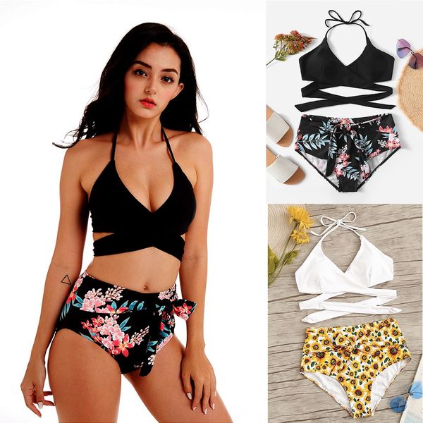 2019 printed strap high swimsuit bikini waist cross two-piece swimsuit bikini, White;black 
2019 printed strap high swimsuit bikini waist cross two-piece swimsuit bikini, White;black