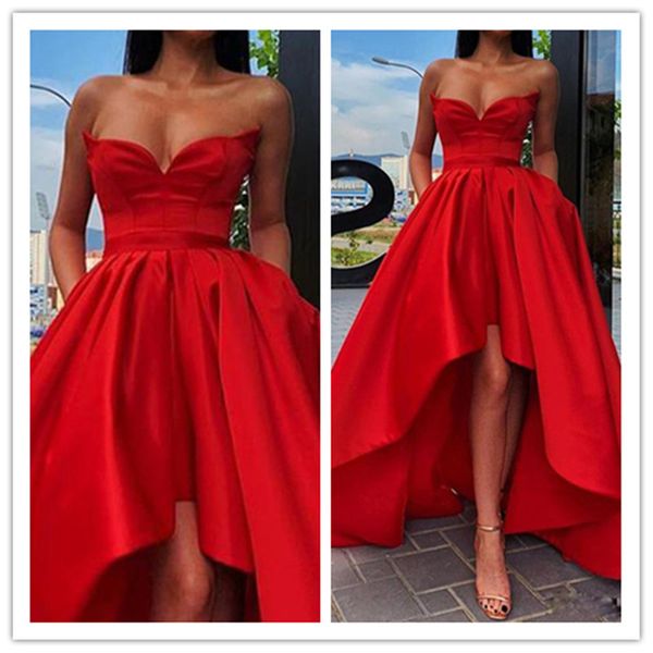 new arrival red sweetheart hi-lo a line prom dresses with pockets satin pleats plus size formal dress evening party gowns, Black;red
new arrival red sweetheart hi-lo a line prom dresses with pockets satin pleats plus size formal dress evening party gowns, Black;red