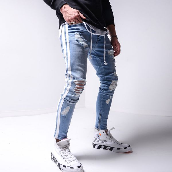 ripped pencil pants men skinny denim biker side striped jeans destroyed hole hip hop slim fit man scratched jean hombre pantalon, Blue 
ripped pencil pants men skinny denim biker side striped jeans destroyed hole hip hop slim fit man scratched jean hombre pantalon, Blue