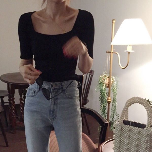 new slim slim collarbone small knitwear short-sleeved t-shirt coat t-shirt western style for women, White;black
new slim slim collarbone small knitwear short-sleeved t-shirt coat t-shirt western style for women, White;black