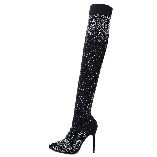 women crystal stretch fabric sock boots pointy toe over the knee thigh high high heel long booties, Black
women crystal stretch fabric sock boots pointy toe over the knee thigh high high heel long booties, Black