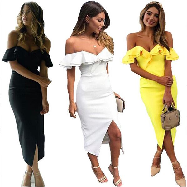 casual dresses ruffle slash neck butterfly sleeve front split dress leisure street style midi evening party, Black;gray