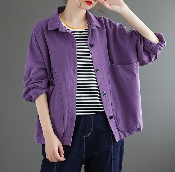 autumn coat long sleeve solid color purple black casual cotton outwear fashion big pockets loose jackets women chaquetas mujer, Black;brown 
autumn coat long sleeve solid color purple black casual cotton outwear fashion big pockets loose jackets women chaquetas mujer, Black;brown