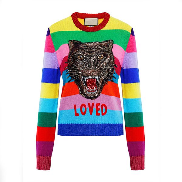 runway design tiger sequins women sweater 2020 winter long sleeve female rainbow striped knitted pullovers embroidered clothing, White;black
runway design tiger sequins women sweater 2020 winter long sleeve female rainbow striped knitted pullovers embroidered clothing, White;black