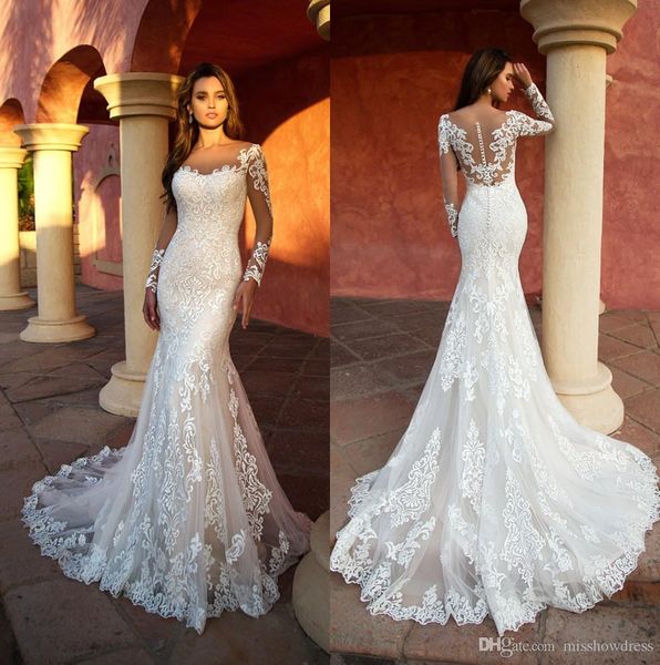 2020 sheer long sleeves lace mermaid wedding dresses scoop neck tulle applique sweep train wedding bridal gowns robes de mariée with buttons, White
2020 sheer long sleeves lace mermaid wedding dresses scoop neck tulle applique sweep train wedding bridal gowns robes de mariée with buttons, White