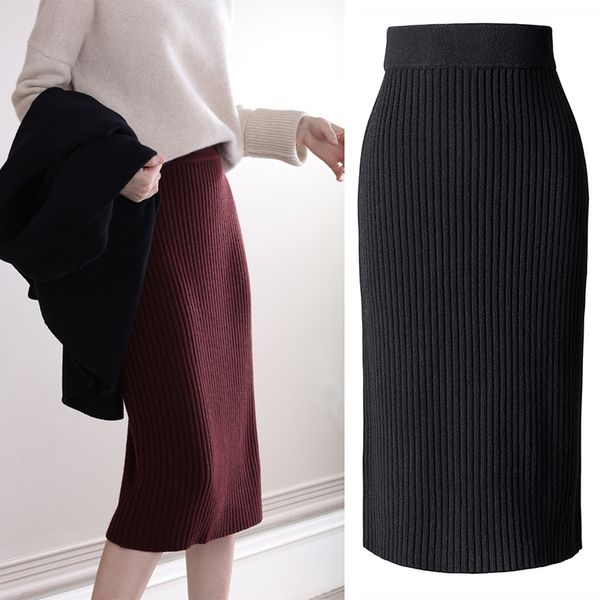 elegant midi pencil skirts high waist women knitted skirt spring autumn fashion rib skirt casual split female casual skirt, Black 
elegant midi pencil skirts high waist women knitted skirt spring autumn fashion rib skirt casual split female casual skirt, Black
