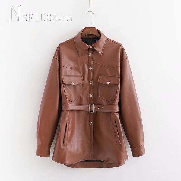2020 pu leather waist strap women coat brown color pocket lapel female jacket, Black
2020 pu leather waist strap women coat brown color pocket lapel female jacket, Black