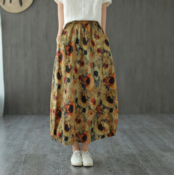 summer new printing skirt artistic retro elastic waist loose skirt 4215, Black