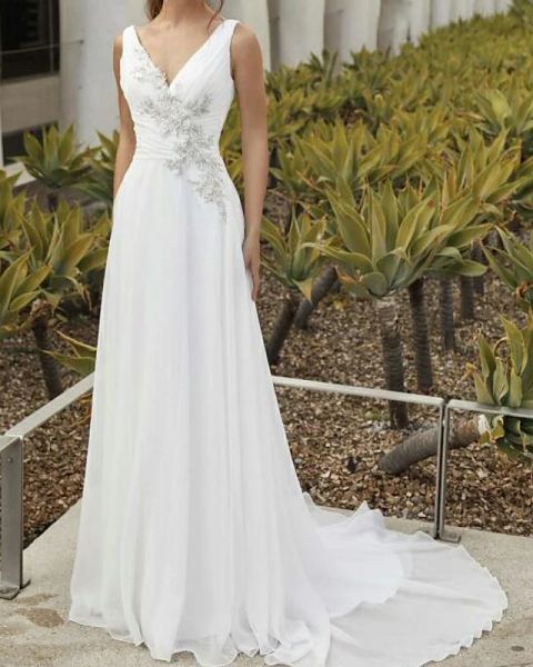 a-line wedding dresses v neck sweep / brush train chiffon sleeveless romantic with ruched appliques, White
a-line wedding dresses v neck sweep / brush train chiffon sleeveless romantic with ruched appliques, White