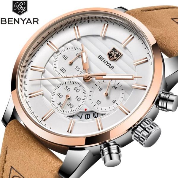 benyar new watches men chronograph men sports watches waterproof leather quartz men's watch relogio masculino, Slivery;brown
benyar new watches men chronograph men sports watches waterproof leather quartz men's watch relogio masculino, Slivery;brown